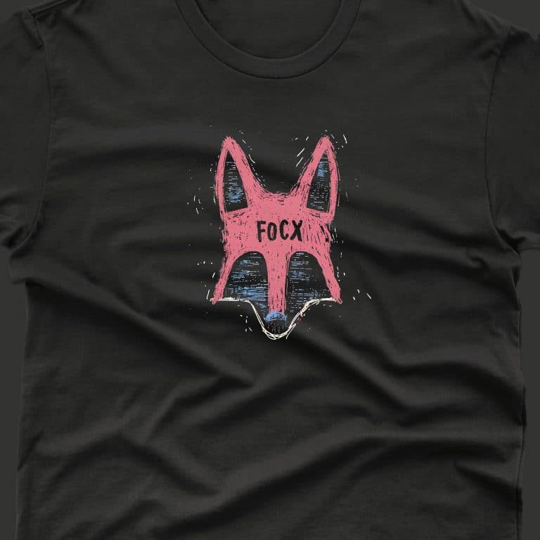 a black shirt with a pink fox head on it