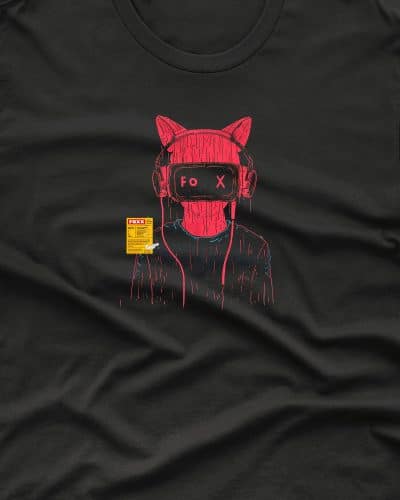 a black t-shirt with a cartoon cat wearing headphones