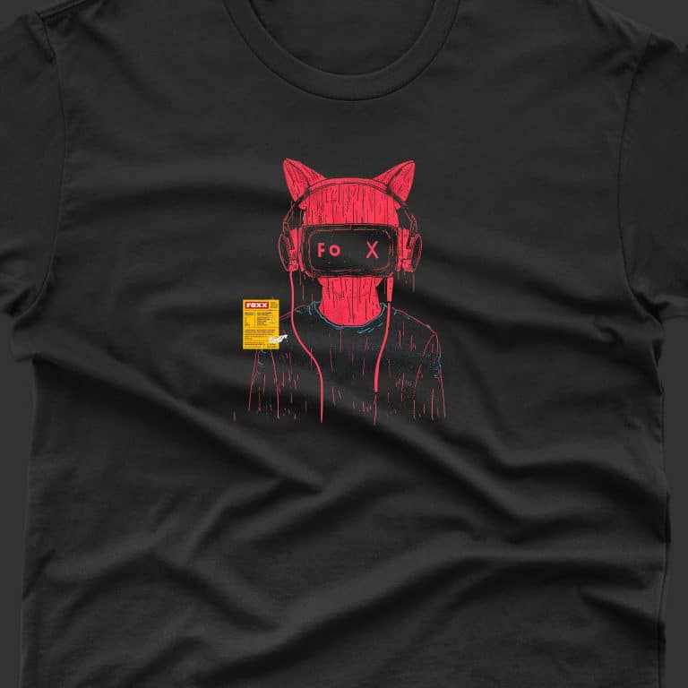 a black t-shirt with a cartoon cat wearing headphones