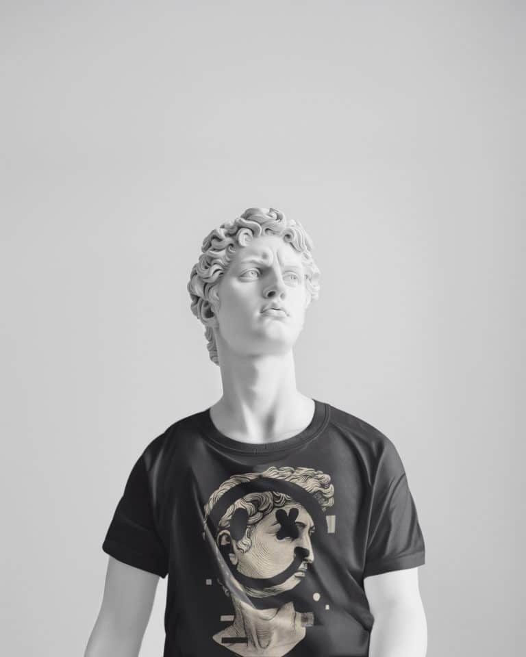 a statue of a man wearing a black shirt