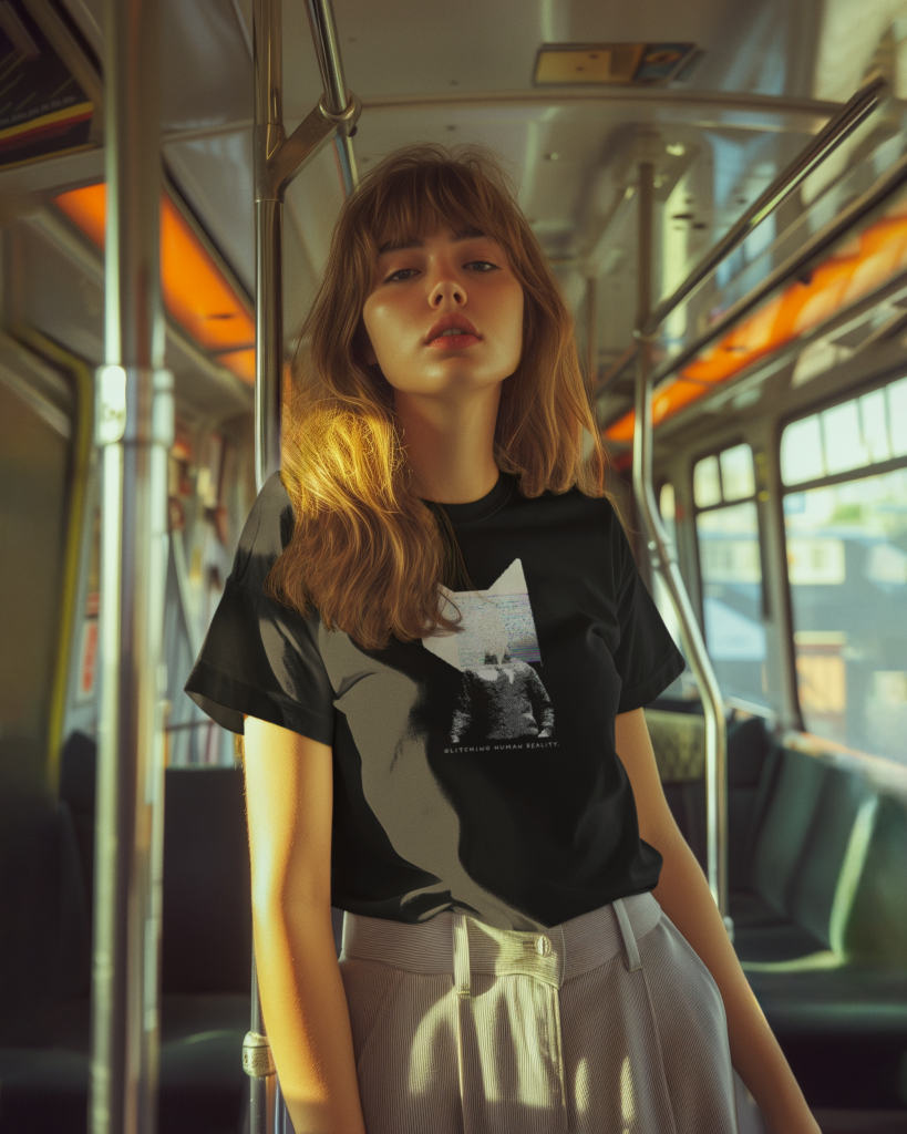 FOCX Apparel 16 round neck tee mockup of a woman generated by ai riding the subway m38454 - FOCX